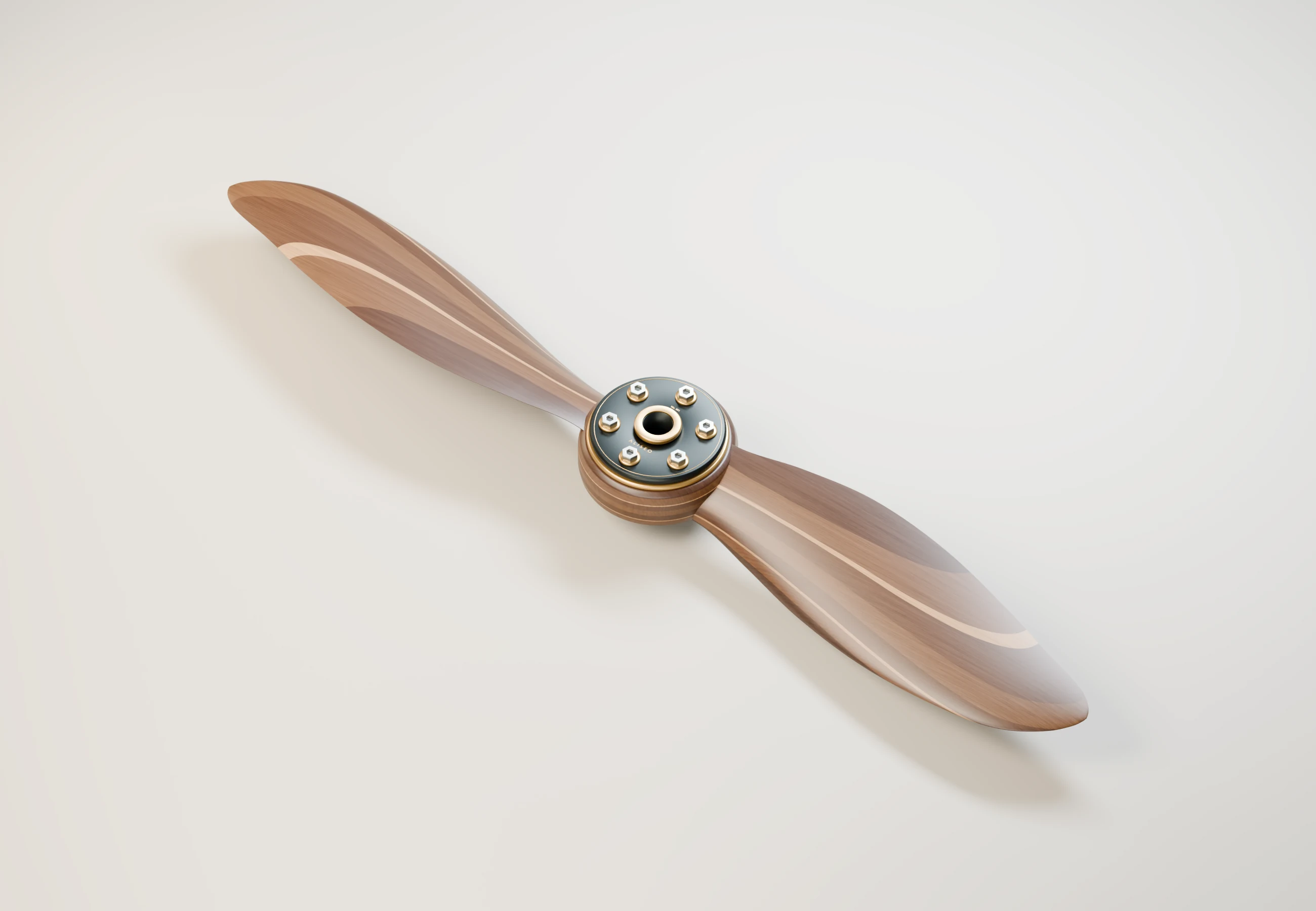 ALISEO, a rendered wooden propeller study with contrasting laminated woods and metal hub details.